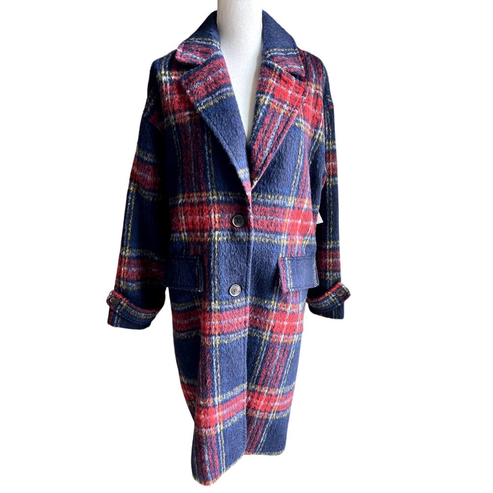 NWT Old Navy Oversized Soft-Brushed wool Plaid red/blue trench Coat size L